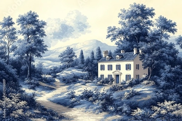 Obraz A detailed scenic image featuring a house surrounded by trees and nature