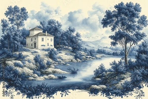 Obraz A scenic depiction of a landscape painting in blue tones