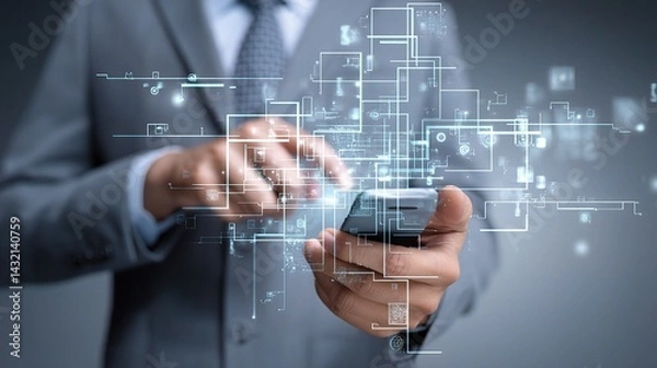 Fototapeta Businessman Holding Smartphone Surrounded by Digital Graphics