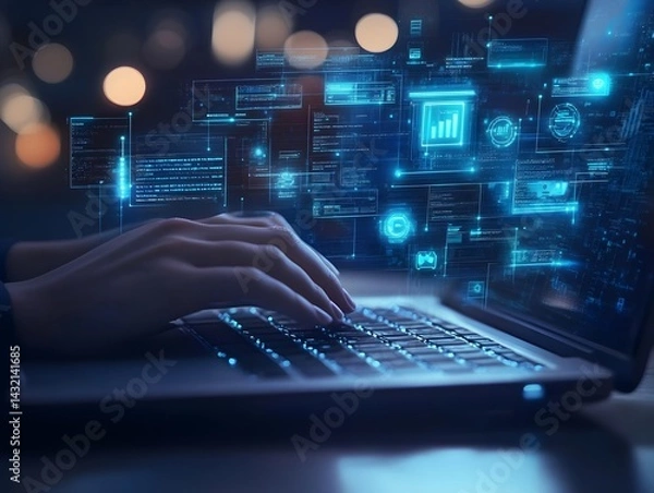 Fototapeta Nighttime Data Flow: Hands Typing on Laptop with Glowing Digital Interface