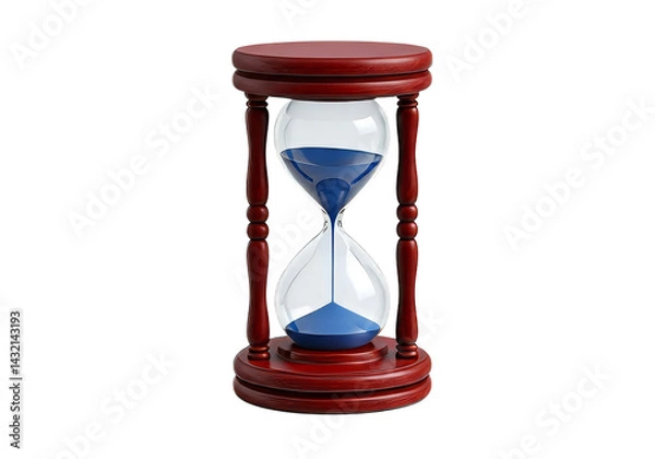 Fototapeta A classic hourglass with a dark-red wooden frame and blue sand, set against a transparent background.