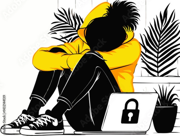 Fototapeta Sad Teenager in Yellow Hoodie Sitting on Floor with Locked Laptop, Abstract Monochrome Vector, Cybersecurity and Isolation Concept