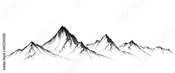 Fototapeta Hand-drawn illustration of a majestic mountain range with a transparent background, featuring detailed peaks and valleys in black and white.