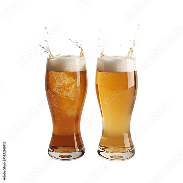 Fototapeta Two glasses of beer with splashes, isolated on transparent background.