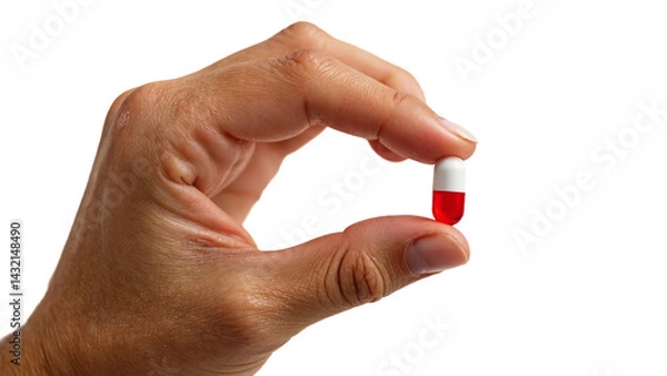 Fototapeta Close-up of a hand gently holding a red and white capsule against a transparent background.