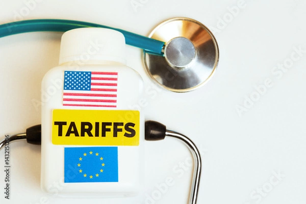Obraz Stethoscope and TARIFFS-labeled trade policy bottle