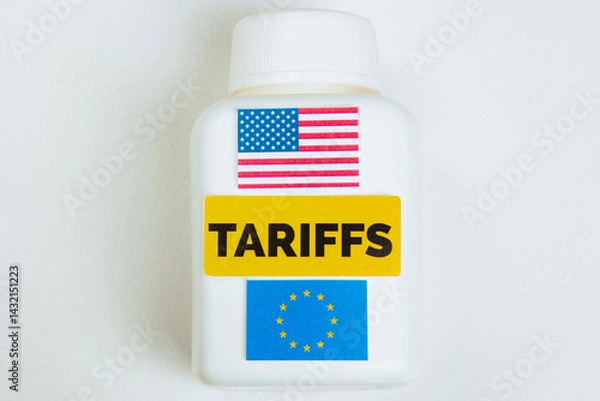 Obraz Trade medicine bottle with TARIFFS label and flags