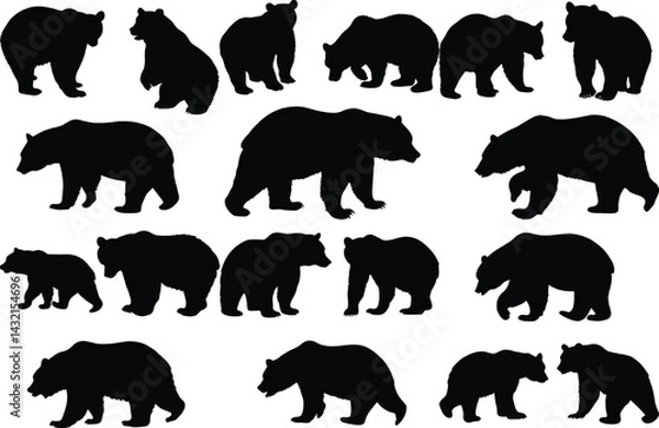 Fototapeta Set of bear silhouette vector illustration, bear in various pose