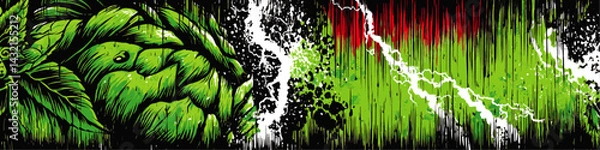 Fototapeta Abstract Green Hop Art with Grunge Texture and Splatter Elements – Modern Vector Illustration for Craft Beer and Brewing Themes
