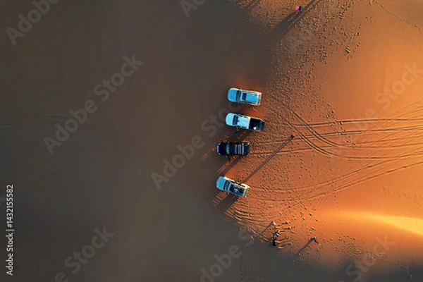 Fototapeta Aerial, overhead view of trucks and tourists at sunrise in the Sahara desert 