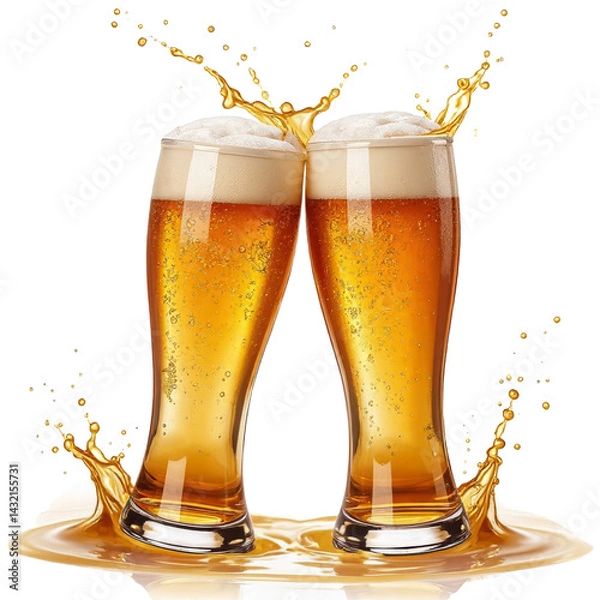 Fototapeta Two glasses of beer clinking together, with golden liquid splashing dramatically against a transparent background.