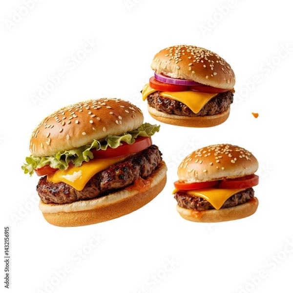 Fototapeta Three juicy cheeseburgers with sesame seed buns, lettuce, tomato, and onion, floating against a transparent background.