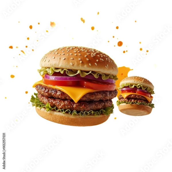 Fototapeta Two juicy double cheeseburgers with lettuce, tomato, and onion, flying against a transparent background with yellow sauce splatters.