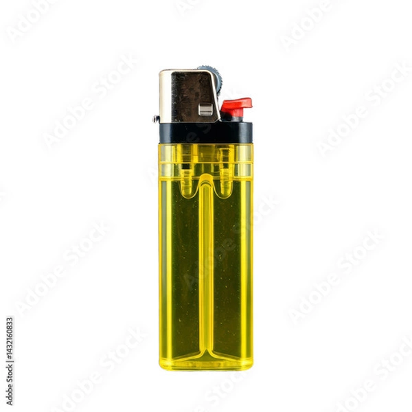 Fototapeta A yellow plastic lighter with a transparent background, featuring a black top and red button, is shown against a black backdrop.