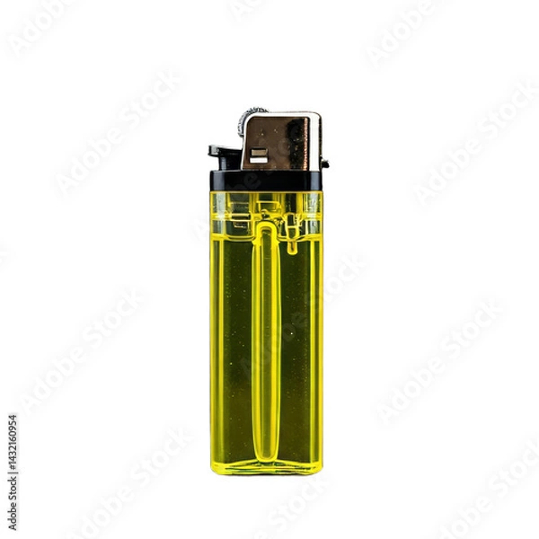 Fototapeta A bright yellow disposable lighter with a silver top is shown against a transparent background. The lighter is rectangular and partially translucent, revealing the fuel inside.