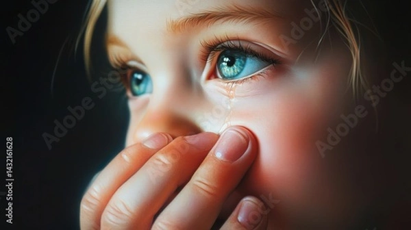 Fototapeta Close-up portrait of a child with tears, expressing sadness.