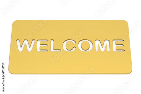 Fototapeta Welcome, golden doormat. 3D rendering