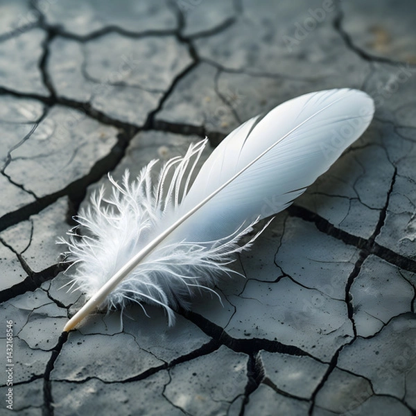 Fototapeta A delicate white feather lies gently on a cracked, dry surface, symbolizing contrast between softness and harshness, fragility and resilience.