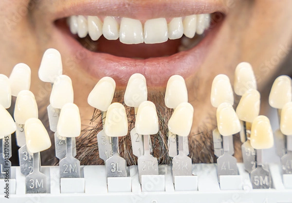 Fototapeta Organized dental shade guides with alphanumeric labels displaying various tooth colors for precise restorations and treatment planning