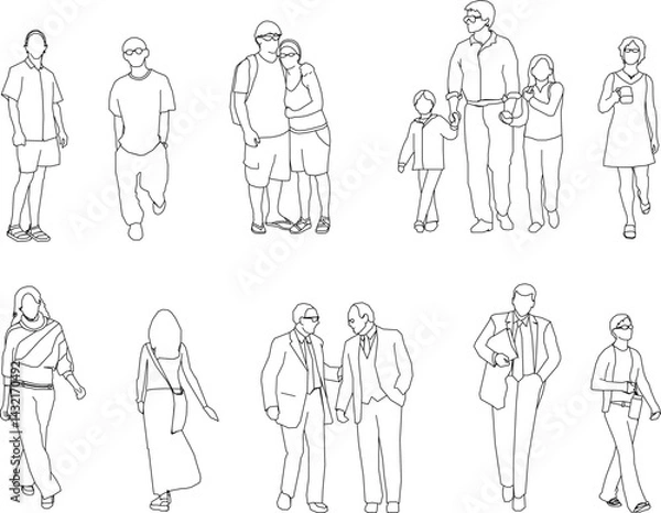 Fototapeta vector sketch illustration silhouette design of various human activities with their work as a complement to the image 