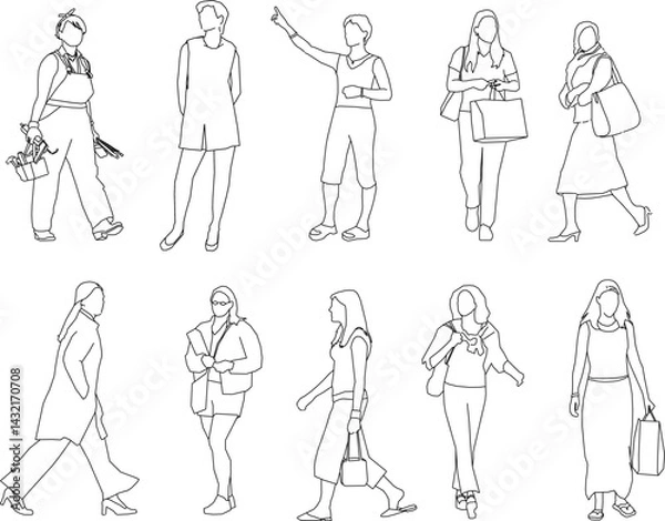 Fototapeta vector sketch illustration silhouette design image of woman with various activities in a relaxing pose with casual fashion   