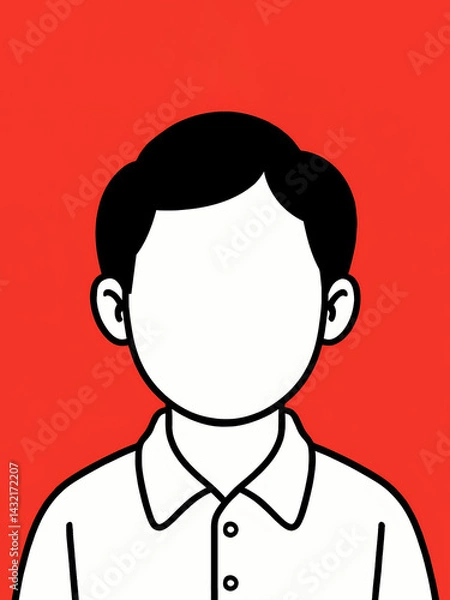 Fototapeta Minimalist vector illustration of a faceless boy with black hair, wearing a collared shirt on a bold red background. Simple, modern, and clean flat design.