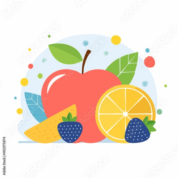 Fototapeta Fruits, berries, leaves and slices.Abstract geometric background. Banner template. Set of vector icons in simple flat style.