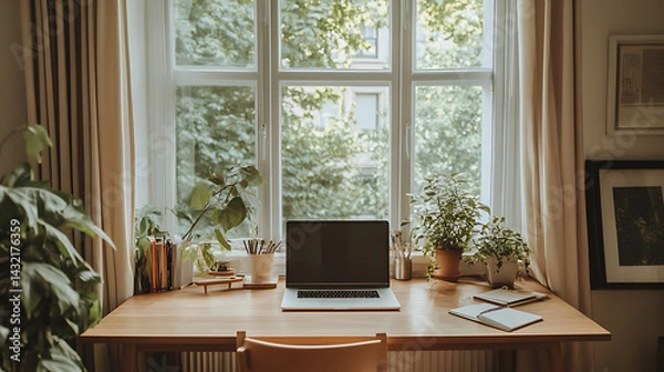 Obraz A laptop sits on a wooden desk in front of a window with potted plants