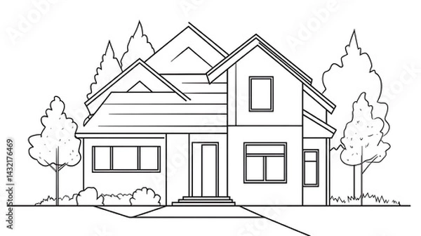 Obraz A house with a white roof and a green tree in front of it