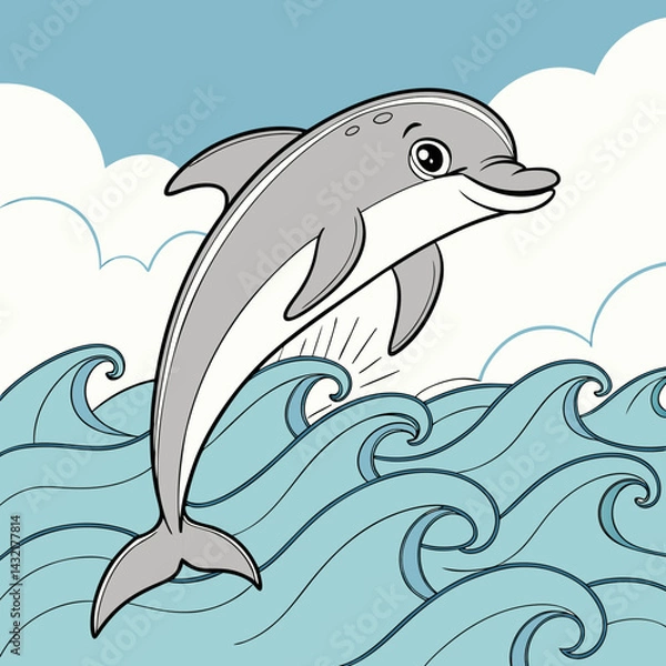 Fototapeta Cartoon vector illustration of a dolphin jumping out of the ocean waves
