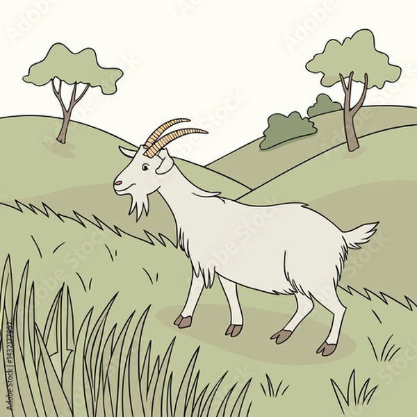 Fototapeta Cute cartoon vector goat standing on a grassy hillside in a tranquil landscape, playful and charming, copy space
