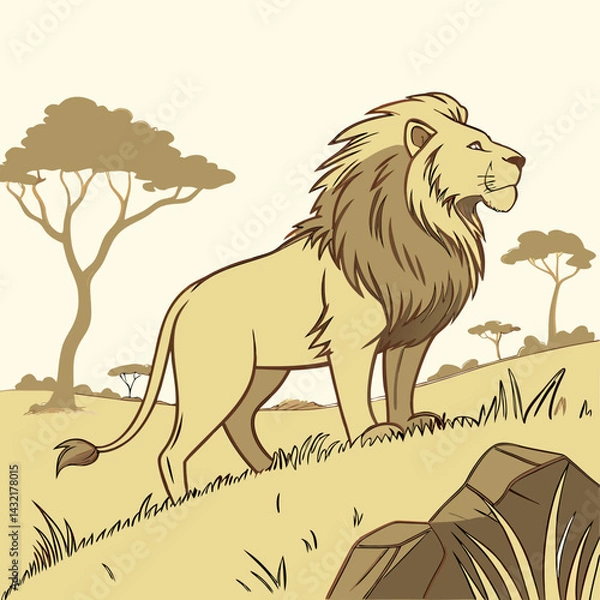 Fototapeta Majestic cartoon vector lion standing on a grassy hill in a savannah landscape, regal and powerful, copy space