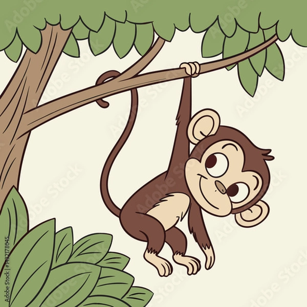 Fototapeta Playful cartoon vector monkey hanging from a branch in a tree, cheerful and fun design, copy space