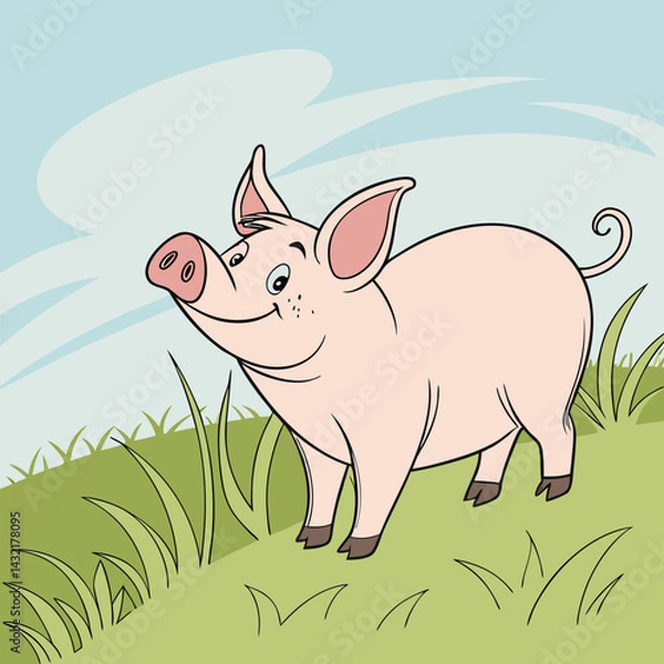 Fototapeta Cute cartoon vector pig standing on green grass under a blue sky, joyful and playful style, copy space