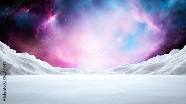 Obraz Snowy mountain range under a vibrant space nebula