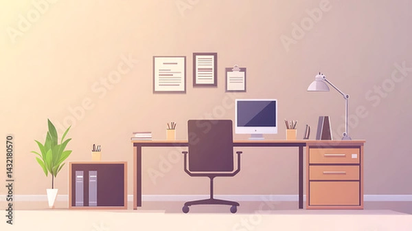 Fototapeta A computer desk with a chair and a computer monitor