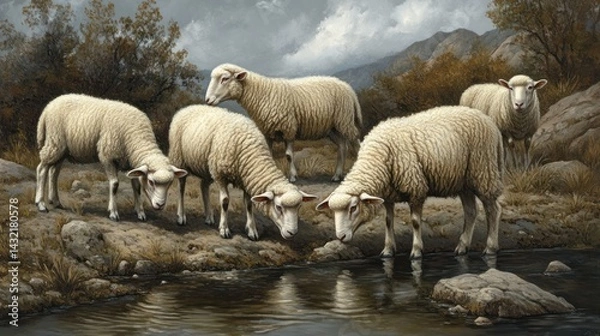 Fototapeta Sheep by a Mountain Stream