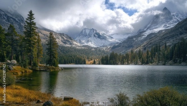 Fototapeta lake in the forest with snowy mountain in the background. Generative AI
