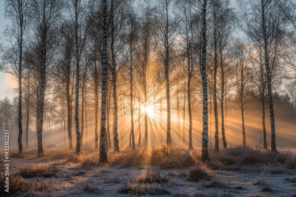 Fototapeta A serene winter sunrise with sun rays streaming through grove of birch trees, illuminating frosty ground