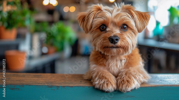 Fototapeta Charming Yorkshire Terrier puppy with fluffy fur and expressive eyes resting its paws on a wooden surface indoors