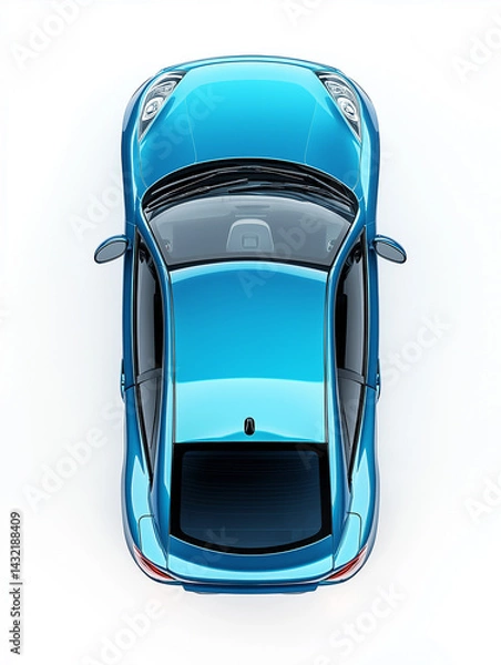Fototapeta Azure Dream: A Bird's-Eye Perspective of a Sleek, Modern Compact Car,  Exuding a Polished, Vibrant Blue Finish, Highlighting Automotive Design and Clean Lines.