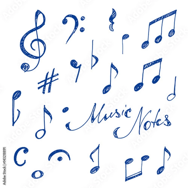 Fototapeta Hand drawn music notes set. Sketch, vector illustration.