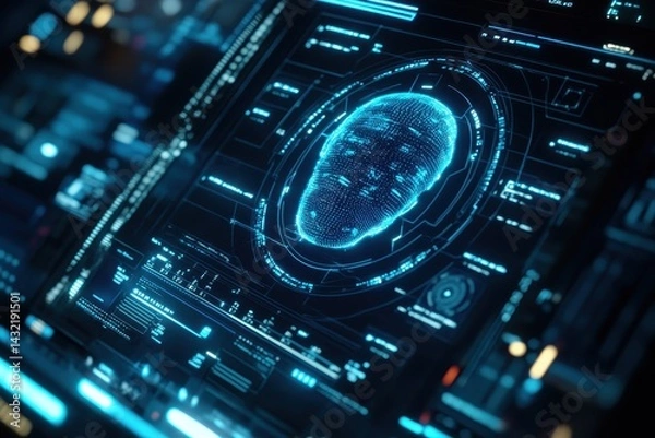 Fototapeta Digital biometric facial recognition interface displays.