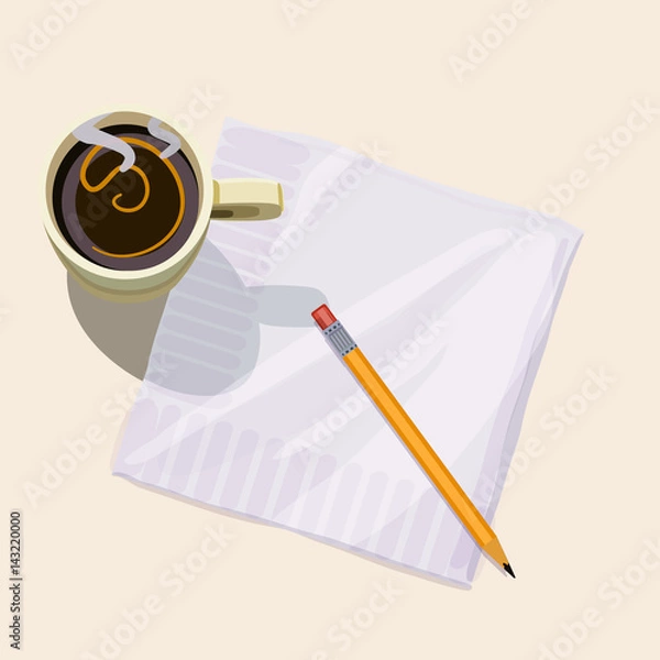 Fototapeta Cup of steaming coffee and a napkin and pencil sitting on a plain beige background.
