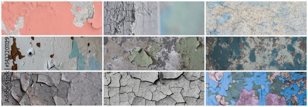Fototapeta Set of peeling paint textures. Old concrete walls with cracked flaking paint. Weathered rough painted surfaces with patterns of cracks and peeling. Collection of wide panoramic backgrounds for design.