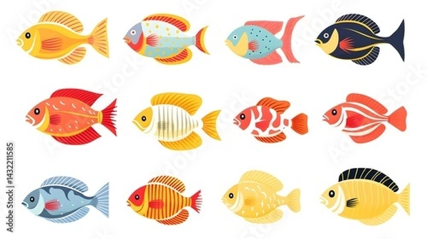 Fototapeta Professional Vector Set of Exotic Fish in Flat Style for Web Icon Design
