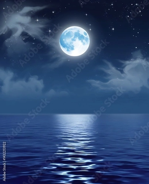 Fototapeta Bright full moon glowing over a calm ocean at night with reflected moonlight on water, surrounded by stars and dramatic clouds in a tranquil nighttime seascape

