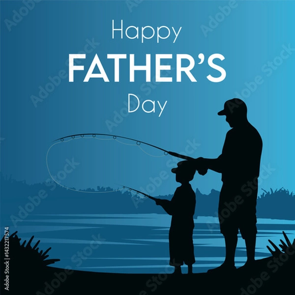 Obraz Happy Father’s Day Fishing Silhouette – Dad and Son Bonding Vector Illustration
