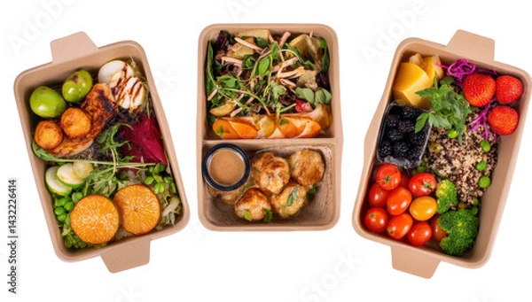 Obraz Three food containers, perfect for healthy meal prep. Three paper food boxes with different types of healthy foods inside, such as vegetables and fruits on a transparent background.	