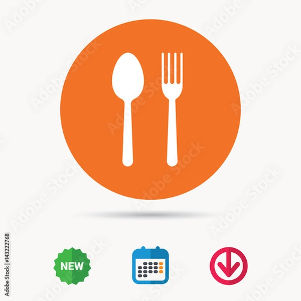 Fototapeta Food icons. Fork and spoon signs. Cutlery symbol. Calendar, download arrow and new tag signs. Colored flat web icons. Vector